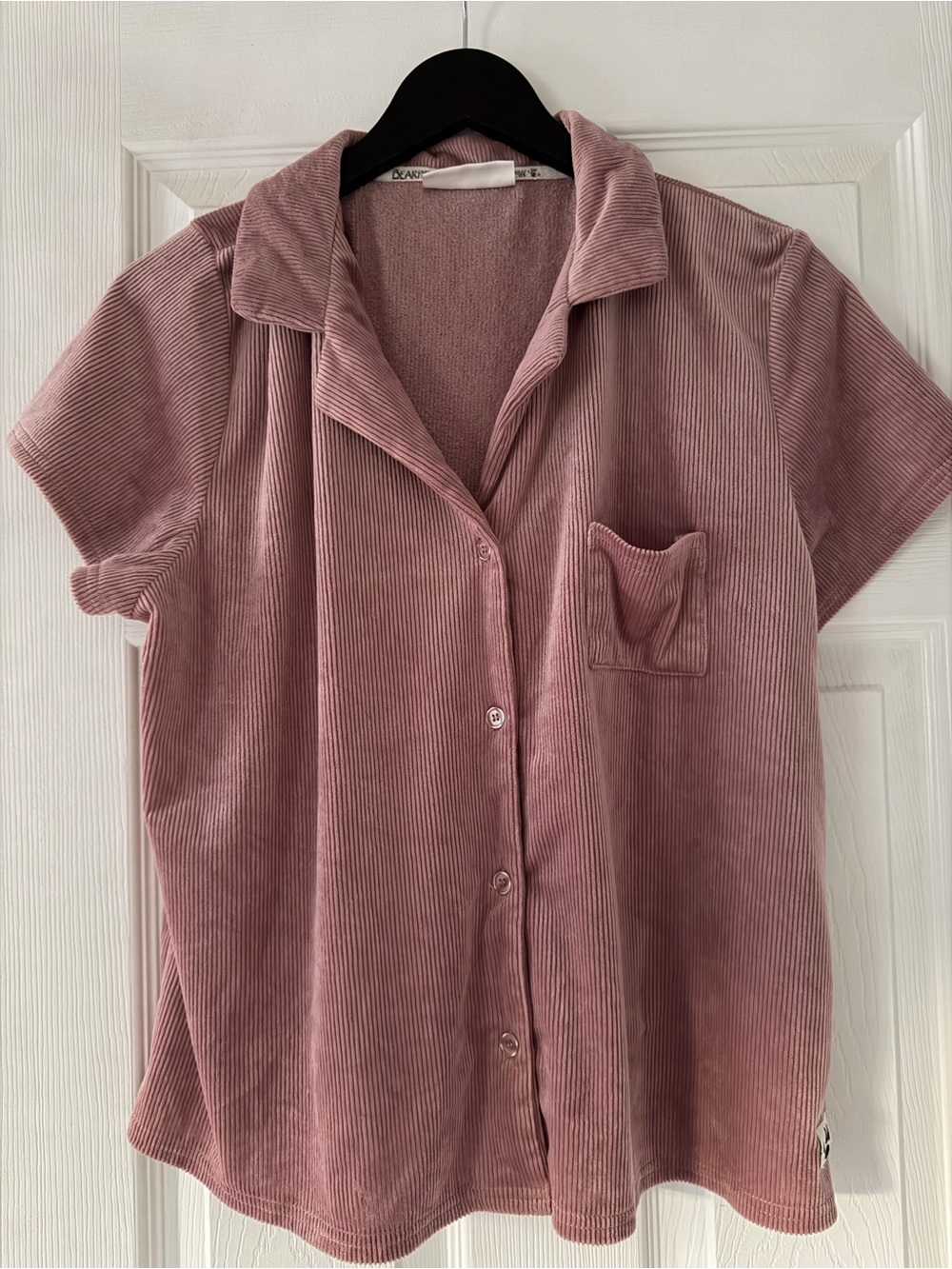 BearPaw Sleepwear Cozy Pink Corduroy Button-Down Short Sleeve Pajama Shirt, XL